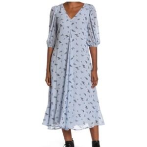 Ganni Blue Floral Georgette V-Neck Puff Sleeve Midi Dress Size EU 32 US 0